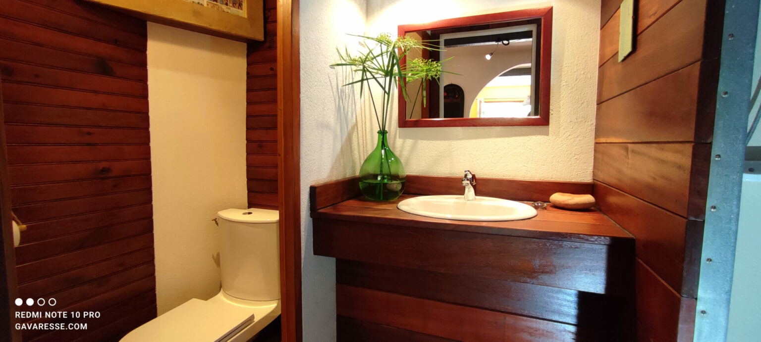 Salle de bain Gîte Le Pénéquet Vasque bois exotique Miroir design Le Pradet