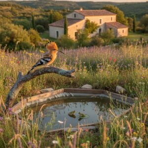 Huppe fasciée déployant sa crête près d'un point d'eau