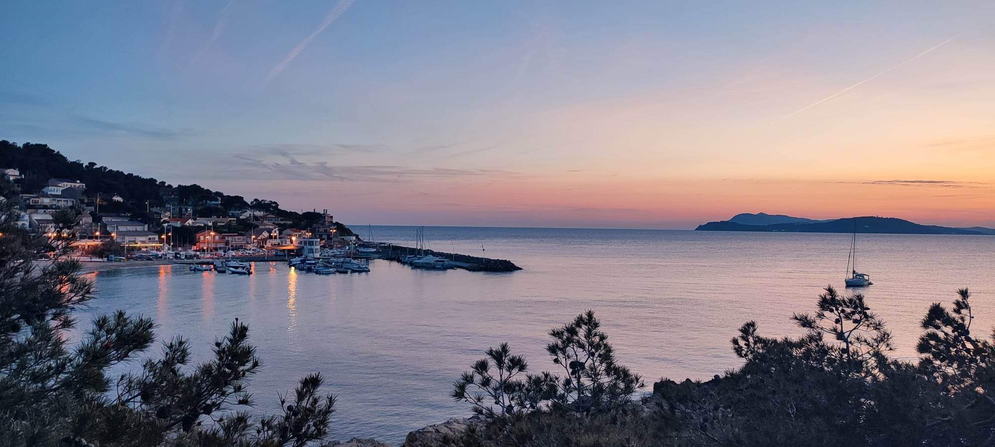 Sunset over Oursinières harbour near Le Pradet, French Riviera coast