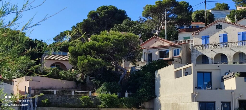 Cabanons de pêcheurs colorés nichés entre les pins au-dessus du port des Oursinières, Le Pradet