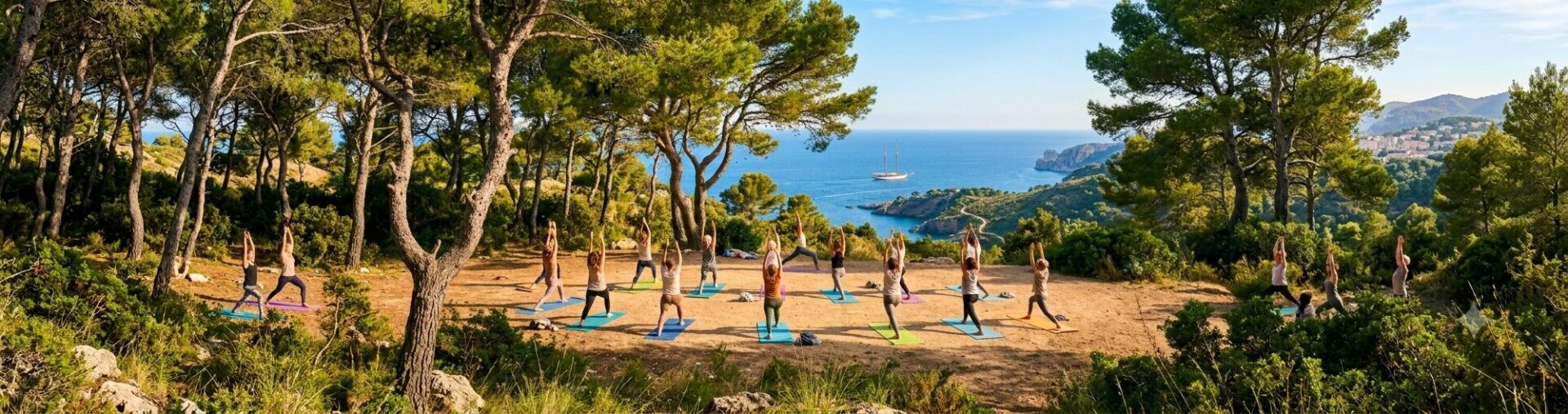 Groupe en posture du guerrier sur la colline, vue sur la mer et les pins, stage de yoga dans le Var.