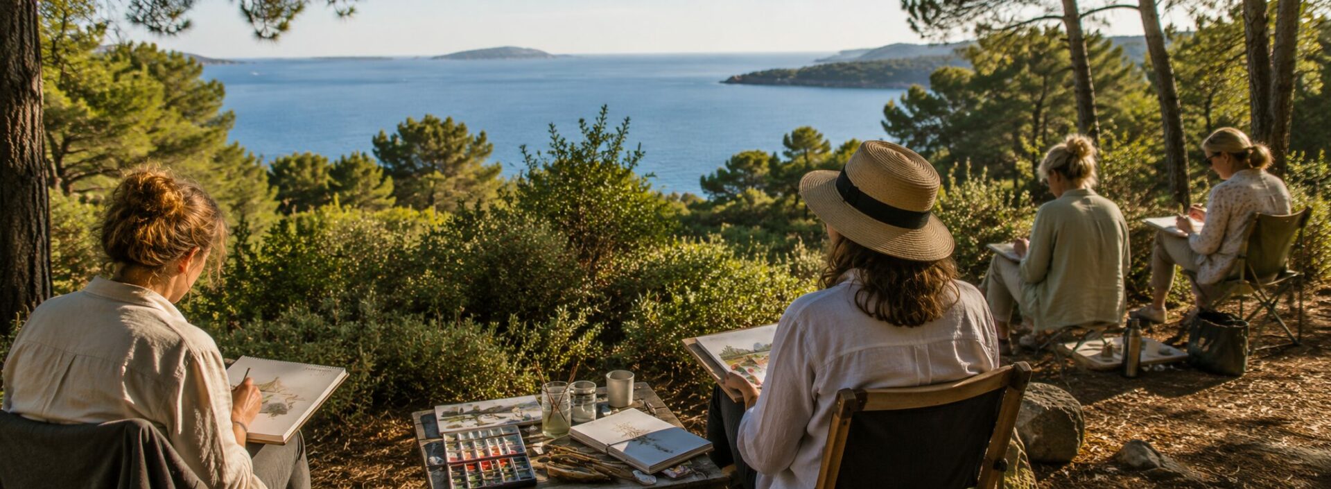 Participants at a creative retreat painting by the sea in a Mediterranean landscape in the Var, near Le Mas de la Gavaresse.
