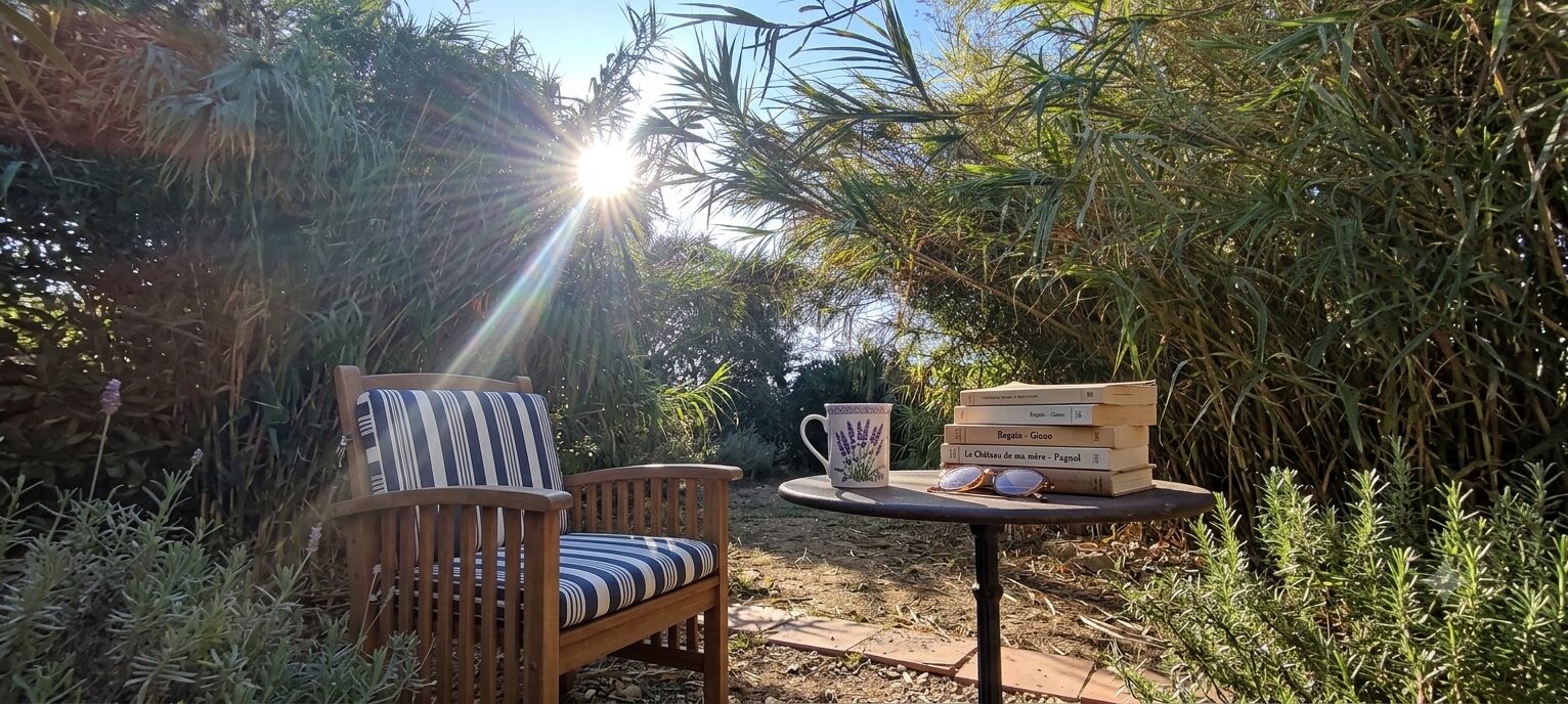Shady reading corner in a Provençal garden for a digital detox retreat at La Gavaresse.