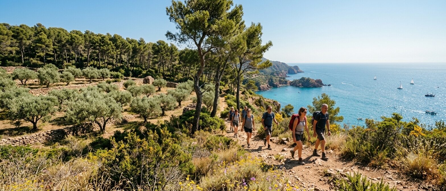 Group of hikers walking on a scenic Provençal coastal path in Le Pradet with pine trees, olive trees, and a panoramic view of the Mediterranean Sea in Var.