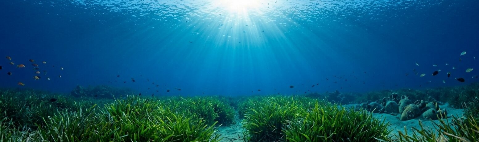 Posidonia seagrass meadow under the Mediterranean Sea in Le Pradet, hosting freediving retreats at Mas de la Gavaresse.