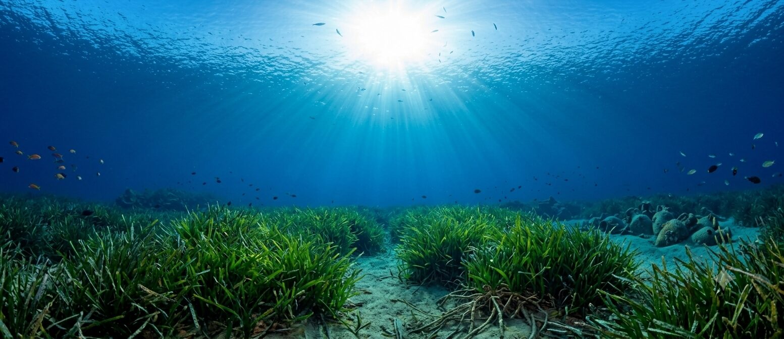 Üppige Posidonia-Seegraswiese im Mittelmeer bei Le Pradet, durchflutet von Sonnenstrahlen im klaren blauen Wasser – ideal für Apnoetauchen im Var.