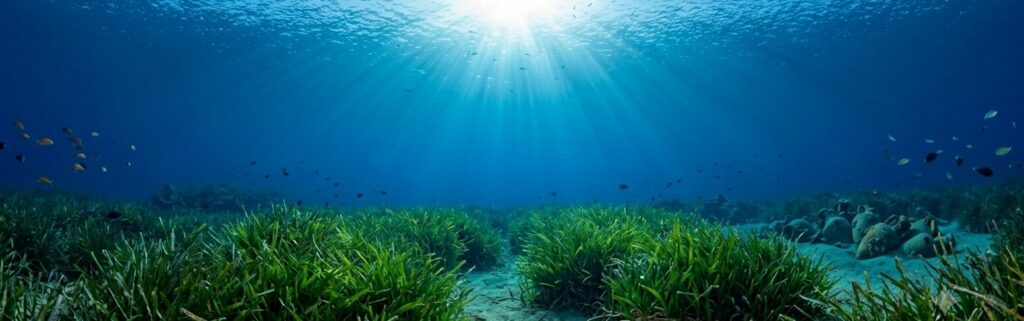Herbier de posidonies sous la mer Méditerranée au Pradet, lieu des stages d'apnée du Mas de la Gavaresse.