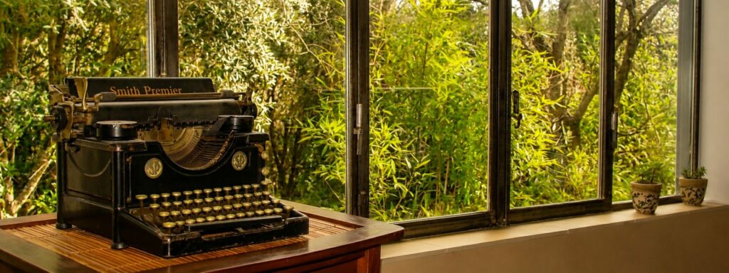Machine à écrire ancienne devant une baie vitrée ouverte sur un jardin méditerranéen, illustrant un stage d'écriture au Mas de la Gavaresse dans le Var.