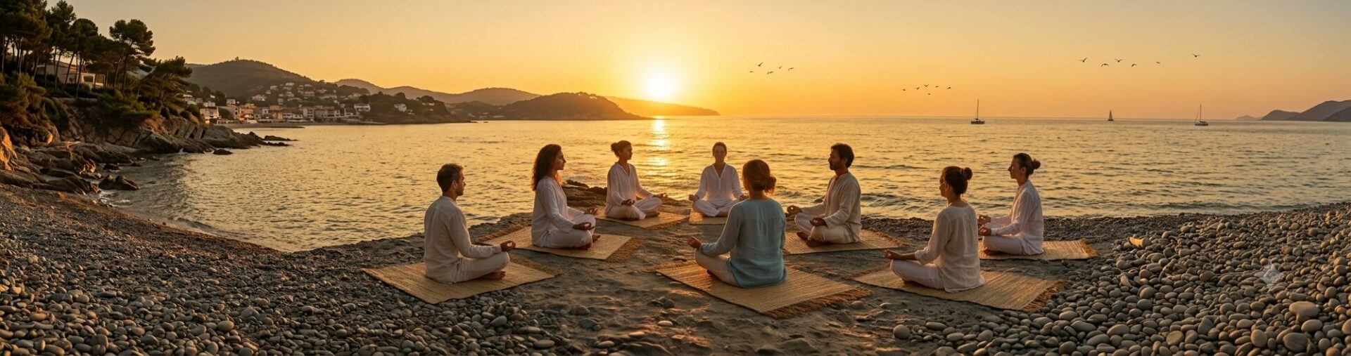 Groupe en méditation assise en cercle sur la plage d'une crique au coucher du soleil, stage de yoga dans le Var.