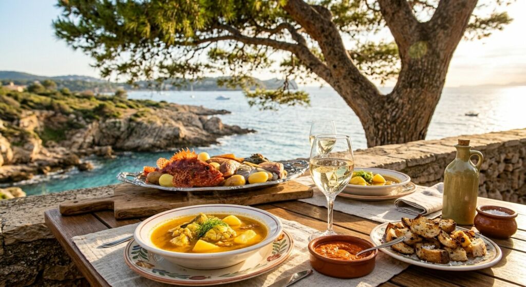 Table dressée pour le service de la bouillabaisse provençale face à la mer sous un pin parasol