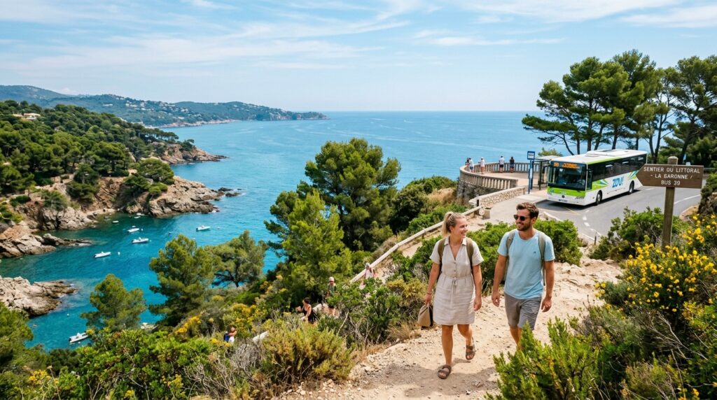 Couple de randonneurs marchant sur le sentier du littoral au Pradet dans le Var, avec le bus local et la mer Méditerranée en arrière-plan.