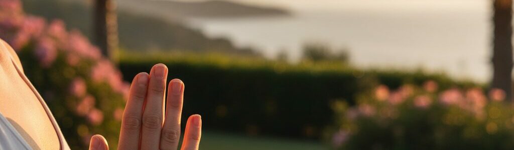 Mains jointes en posture de méditation, vue sur le jardin et la mer au coucher du soleil, stage de yoga au Pradet.