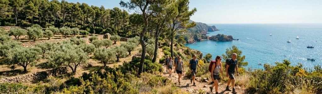 Groupe de randonneurs marchant sur un sentier côtier provençal bordé de pins et d'oliviers au Pradet, avec vue panoramique sur la mer Méditerranée dans le Var.